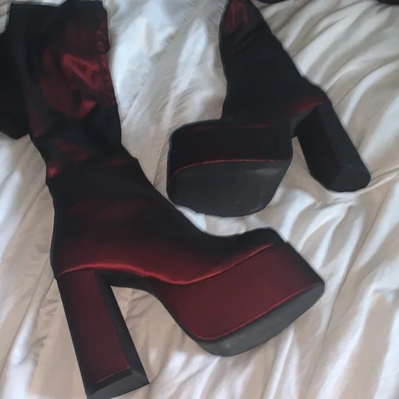 DollsKill Rare Know My Worth Platform Boots Current Mood Red Mesh Thigh High - Picture 8 of 10